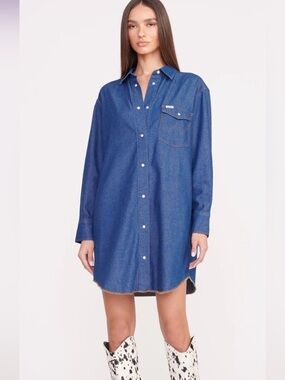 STAUD X Wrangler Oversized Western Denim Jean Snap‎ Front Shirtdress Size XS